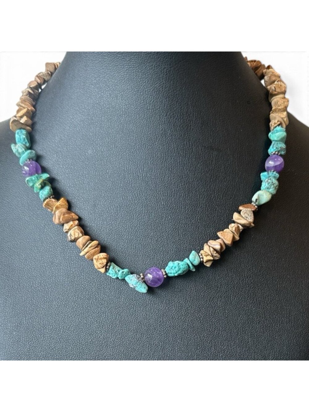 Vintage Boho Semi Precious Stone Bead Necklace Amethyst Turquoise Jasper 15.5"